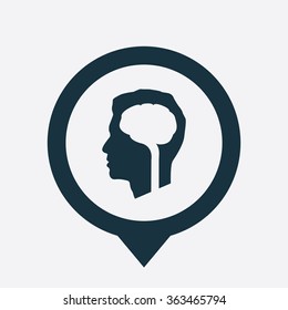 brain head icon, on white background map pin