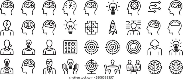 Brain Head Icons and Lightbulb Idea Symbols with Gears, Puzzles, Targets, and Teamwork Silhouettes in Line Style