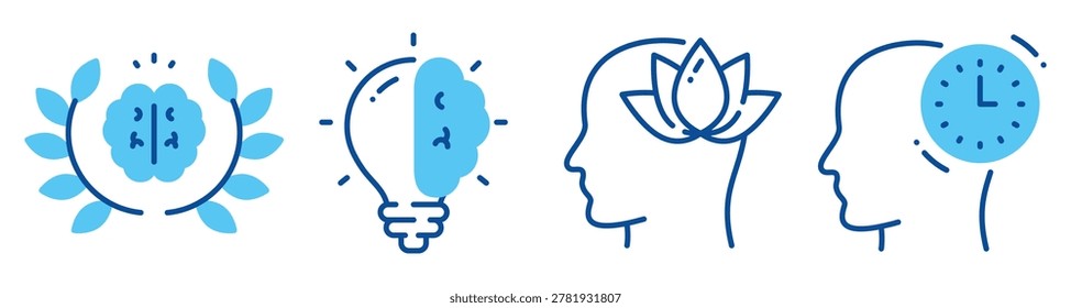 Brain and head icons representing wellbeing ideas and time. Editable stroke