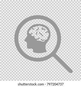 Brain head in magnifying glass vector icon eps 10.