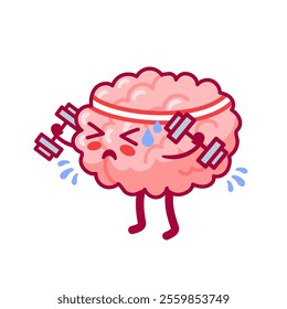 The brain in a headband with dumbbells is training. Cute character in kawaii style. Healthy organ, nervous system. Vector illustration, flat style. mental health. Back to school. Cognitive function