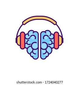 Brain with headphones. E-learning concept, online education logo. Mental health concept. Brain music logotype. Audio listening illustration. 