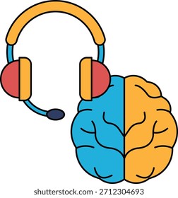 Ein Gehirn mit einem Headset. Das Gehirn ist ein Symbol der Intelligenz und das Headset ein Symbol der Kommunikation. Konzept des Einsatzes von Technologie zur Verbesserung von Kommunikation und Intelligenz