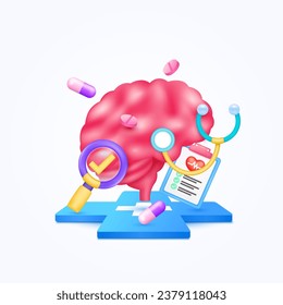 Brain health care with doctor. Pills, Document form board and stethoscope with check mark in magnifying glass looking diagnosis floating on cross medical symbols. 3d cartoon icon organ vector.