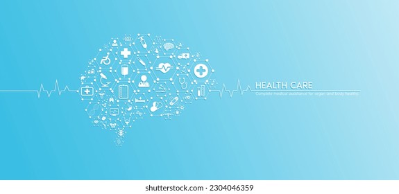 Brain health care. Medical icons inside hexagons connected in the shape of the human brain with white rate graph heart pulse. Organs icons on blue background. Medical care banner concept. Vector.