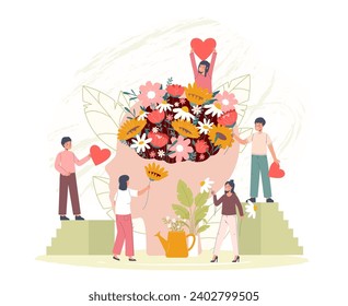 Brain health care. Young people, teenagers caring about mind. Recovery mental health with love, support and flowers. Positive thinking snugly vector metaphor