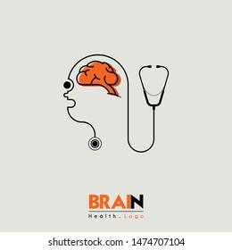 Brain and health cartoon icon logo seen from the side with head people and stethoscope