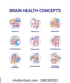 Brain health concept icons set. Drowsiness from lack of sleep. Memory loss. Double vision. Health care idea thin line RGB color illustrations. Vector isolated outline drawings. Editable stroke