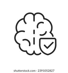 Brain Health Icon. Vector Outline Editable Isolated Sign of a Healthy Brain and Shield with Checkmark, Symbolizing Protection and Wellness of Cognitive Functions.