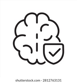 Brain Health Icon. Vector Outline Editable Isolated Sign of a Healthy Brain and Shield with Checkmark, Symbolizing Protection and Wellness of Cognitive Functions.