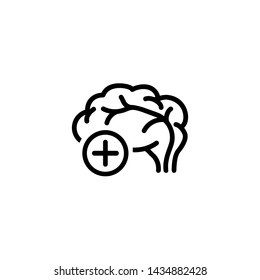 Brain health line icon. Human brain with plus symbol in circle. Neurology concept. Vector illustration can be used for topics like anatomy, neuroscience, cns