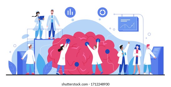 Brain health, mental investigation character flat vector illustration, medicine abstract concept. Doctors diagnose brain in laboratory. Psychologists, psychiatrists consulting, healthcare treatment