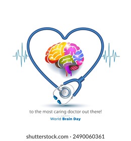 Brain health and prevention concept for world brain day. Brain and heart shaped stethoscope vector illustration.