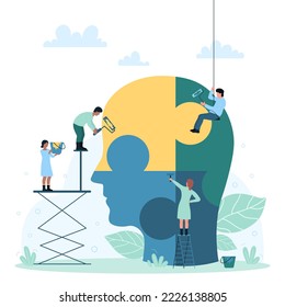 Brain health, psychology and education vector illustration. Cartoon tiny people work with puzzle jigsaw in human head, study, care and support pieces of brainteaser, help to solve intellectual problem