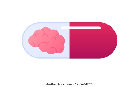 Brain health and research concept. Vector flat illustration. Medicine capsule with human brain silhouette. Design for healthcare, science, education.