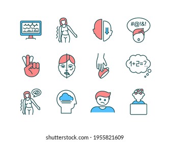 Brain health RGB color icons set. Facial droop. Neurofeedback. Partial paralysis. Alzheimer disease. Trouble speaking. Double vision. Brain aneurysm. Depressed mood. Isolated vector illustrations