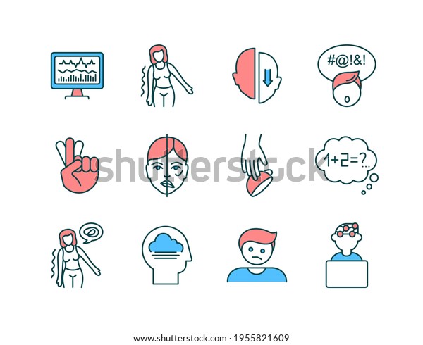 Brain health RGB color icons set. Facial
droop. Neurofeedback. Partial paralysis. Alzheimer disease. Trouble
speaking. Double vision. Brain aneurysm. Depressed mood. Isolated
vector illustrations