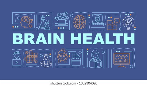 Brain health word concepts banner. Neuroscience, diagnostics and treatment service. Infographics with linear icons on turquoise background. Isolated typography. Vector outline RGB color illustration