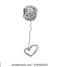 Brain and heart acting together logic and feelings unity abstract sketch vector isolated simple graphics