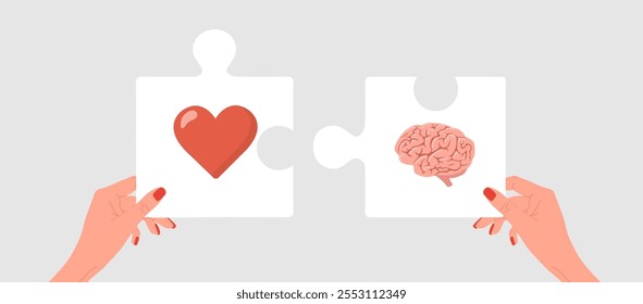 Brain and Heart Balance. Emotional Intelligence concept. Female hands connected puzzles with human heart and brain. Connection between mind and feelings. Vector illustration in flat cartoon style.