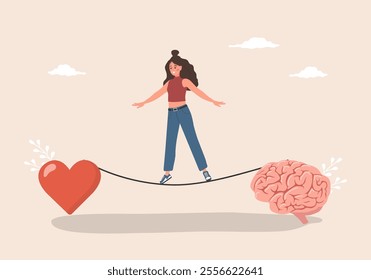 Brain and Heart Balance. Emotional Intelligence concept. Female character find balance between heart and brain. Vector illustration in flat cartoon style.