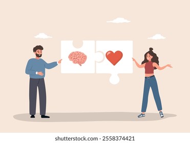 Brain and Heart Balance. Emotional Intelligence concept. Man and woman connected puzzles with human heart and brain. Connection between mind and feelings. Vector illustration in flat cartoon style.