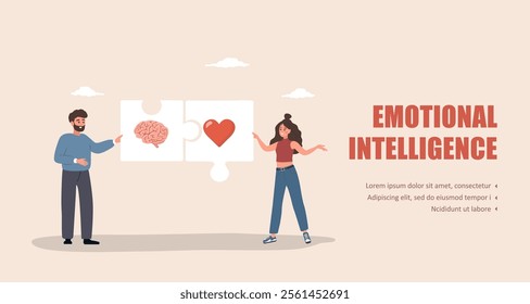 Brain and Heart Balance. Emotional Intelligence concept. Man and woman connected puzzles with human heart and brain. Connection between mind and feelings. Vector illustration in flat cartoon style.