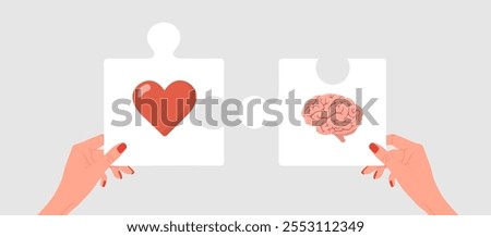 Brain and Heart Balance. Emotional Intelligence concept. Female hands connected puzzles with human heart and brain. Connection between mind and feelings. Vector illustration in flat cartoon style.