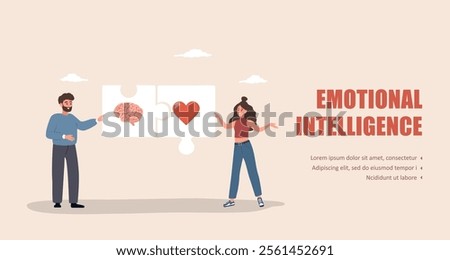 Brain and Heart Balance. Emotional Intelligence concept. Man and woman connected puzzles with human heart and brain. Connection between mind and feelings. Vector illustration in flat cartoon style.