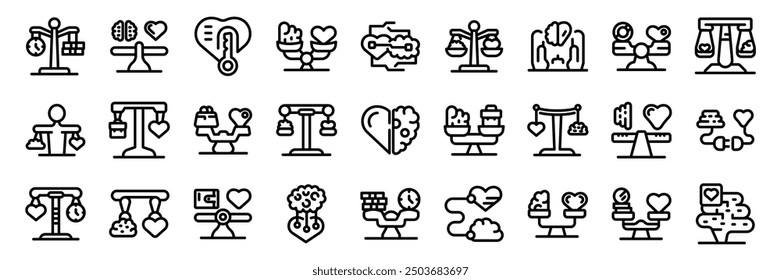 Brain heart balance icons set. Work life balance concept icons set. Outline set of work life balance vector icons for web design isolated on white background