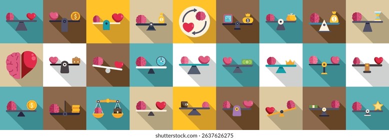  Brain heart balance icons set. Heart and brain balancing on scales, representing emotional vs logical decision making, work life balance, and choosing between passion and rationality