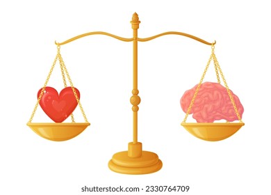 Brain heart balance illustration concept. equality or balance, hard to make choice symbol. Love or mind decision stock vector illustration in flat cartoon style.