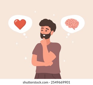 Brain and Heart Balance. Mental Health concept. Cartoon Male Character Making Life Decision. Vector illustration in flat style.
