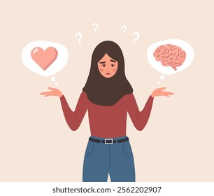 Brain and Heart Balance. Mental Health concept. Cartoon Arab Female Character Making Life Decision. Vector illustration in flat style.
