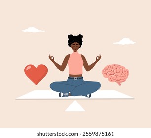 Brain and Heart Balance. Wellness concept. African Young woman choosing between Feelings and Mind. Flat design. Vector illustration in cartoon style.