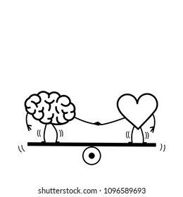 Brain and heart balancing on swing. Vector concept illustration of balance between mind and feelings| flat design linear infographic icon black on white background