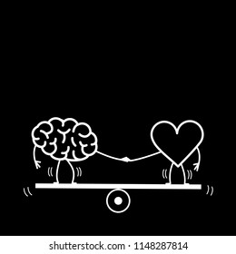 Brain and heart balancing on swing. Vector concept illustration of balance between mind and feelings| flat design linear infographic icon white on black background