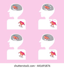 brain and heart cartoon character vector illustration image showing action moments getting together well inside head and human body (conceptual image about thought and passion are in same directions)