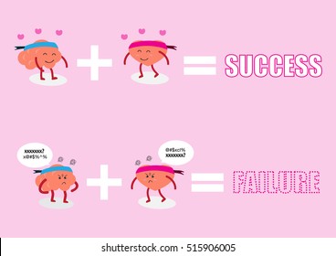 brain and heart cartoon character vector illustration showing action on math equation of success and failure (conceptual image about thought and passion)