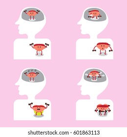 brain and heart cartoon exercise together vector illustration image showing different actions inside head and body (conceptual image about how brain and heart are  functioning)
