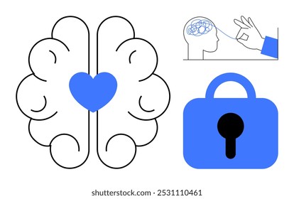 Cerebro con corazón en el centro rodeado de remolinos, una mano que conecta a los circuitos cerebrales y un candado. Ideal para la conciencia de la salud mental, la seguridad de los pensamientos, la inteligencia emocional, la salud cerebral