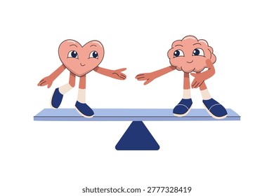 Brain and heart characters maintaining balance on a seesaw. Vector illustration representing emotional intelligence, logic vs emotion, and mental balance in life and decision making.