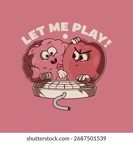 Brain and Heart Characters Playing with a Keyboard vector illustration. Mascot, life design concept.