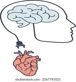  brain and a heart, connected by an electrical cable