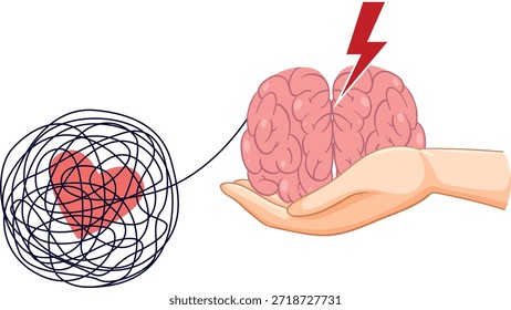 Cerebro y Corazón Conectados con Cable, Inteligencia Emocional y Autocontrol Concepto Vector