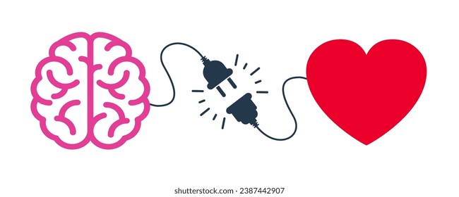 Brain and heart connected with cable, self control concept, connect heart feeling with logical thinking brain, connection between heart and mind, control feeling and emotion, emotional Intelligence