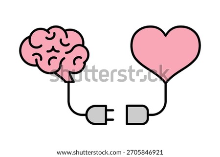 Brain and heart connection by plug cables. Mind and feelings harmony, emotional intelligence, decision balance. Logic and love disconnection concept. Self care idea. Psychology. Vector illustration. 
