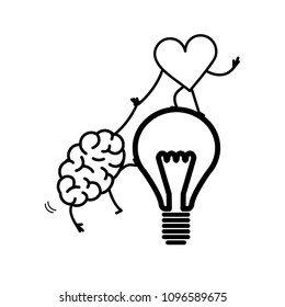 Brain and heart cooperation and teamwork. Vector concept illustration of mind and feelings, heart helps to climb brain on idea bulb | flat design linear infographic icon black on white background