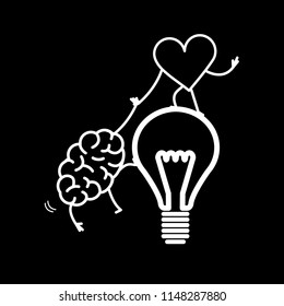 Brain and heart cooperation and teamwork. Vector concept illustration of mind and feelings, heart helps to climb brain on idea bulb | flat design linear infographic icon white on black background