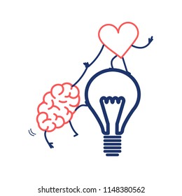 Brain and heart cooperation and teamwork. Vector concept illustration of mind and feelings, heart helps to climb brain on idea bulb | flat design linear infographic icon red and blue on white backgrou